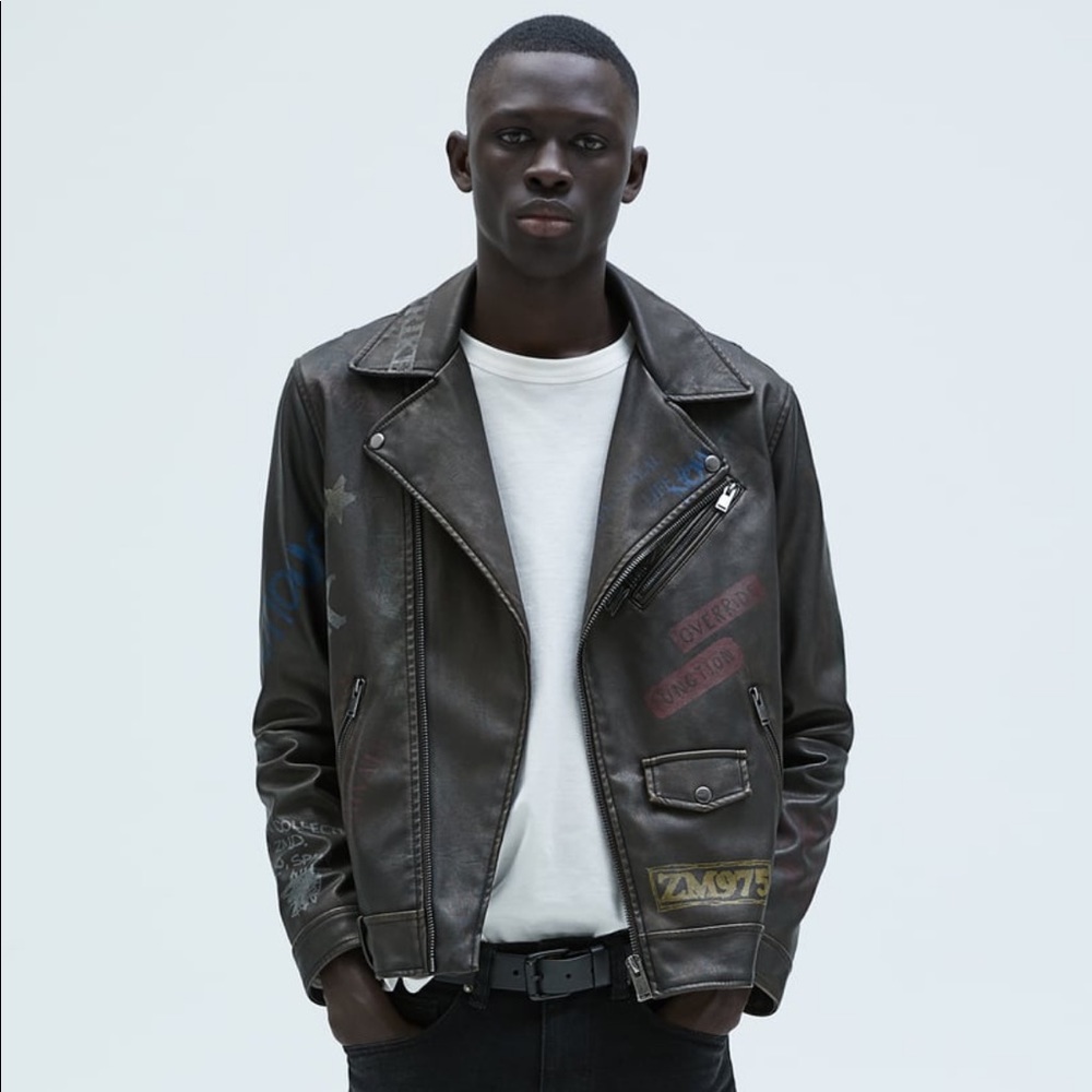 (RARE) ZARA MAN GRAFFITI FAUX BIKER JACKET - LARGE
